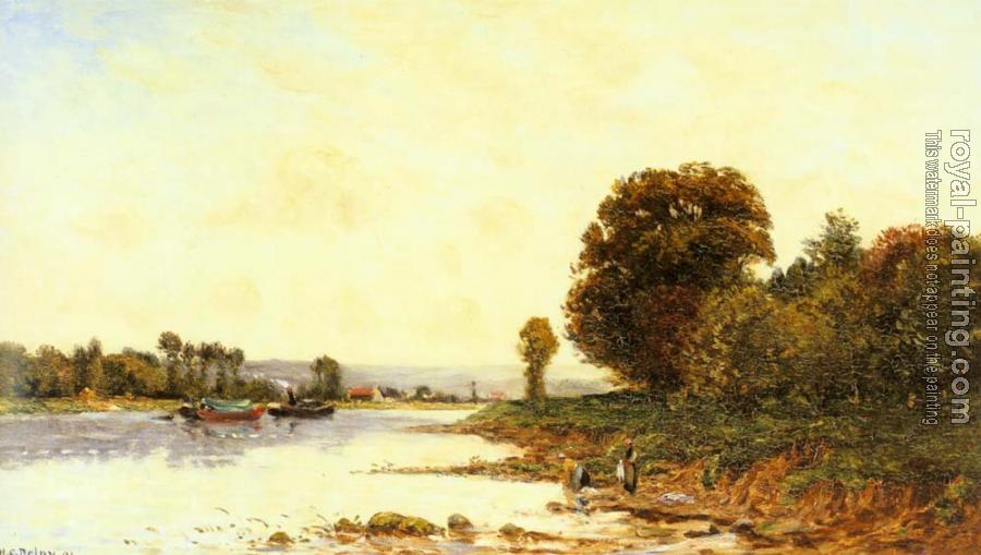 Hippolyte Camille Delpy : Washerwomen in a River Landscape with Steamboats beyond